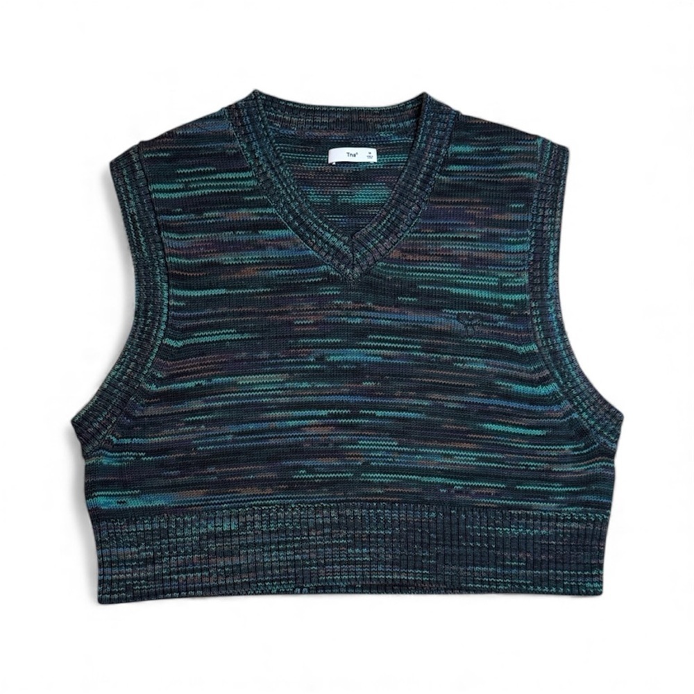 TNA Dark Blue and Green V-Neck Sleeveless Short Knit Sweater Vest sz M